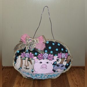 Handmade Door Hanger Handpainted Burlap Farm Welcome Sign Kitschy